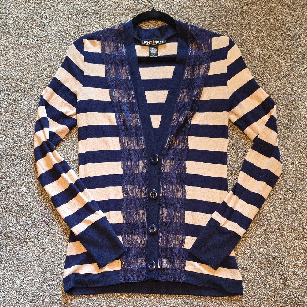 Living Doll Navy and Cream Striped Cardigan